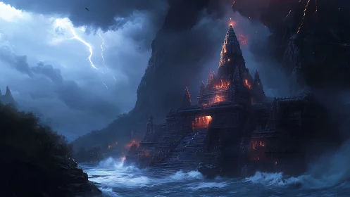 Storm-lashed cliff temple burns with molten interior light