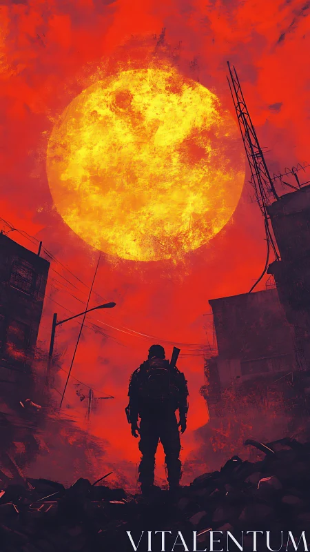Lone survivor studies colossal burning sun over ruins