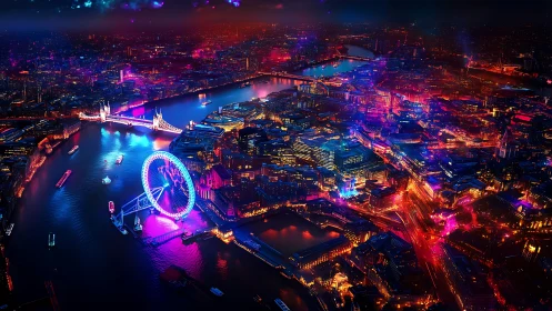 Neon skyline engulfs riverside cityscape in electric night