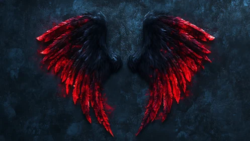 Dark feathered wings with red glowing tips on stone wall.