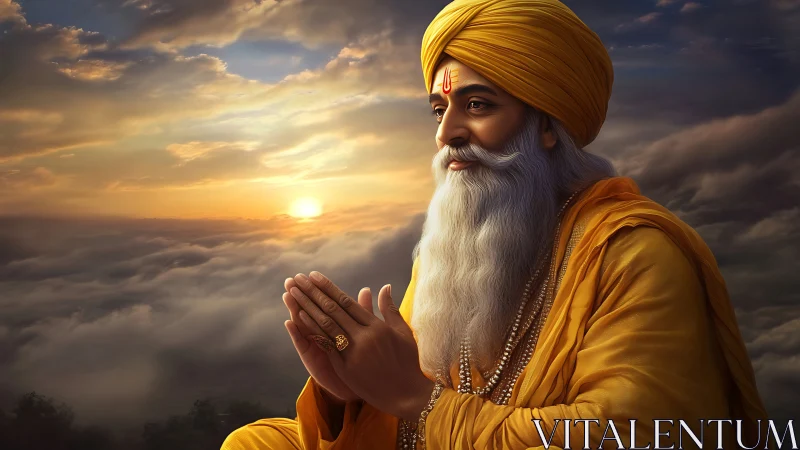 Elderly spiritual man in orange robes against cloudy sunset sky.