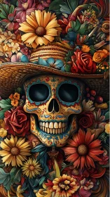 Sugar skull blooms within dense floral tapestry. Period.