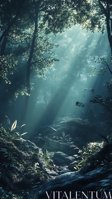 Misty Forest Grove with God Rays and Stream.