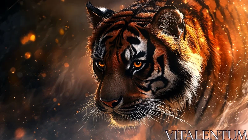 Fiery tiger portrait stalks through glowing embers at dusk.