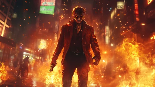 Man with handgun walks through burning city street at night