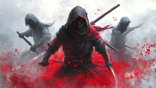 Hooded ninja triad advances amid red splatter and misty void