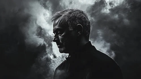 Stormlit profile of a brooding man carved from shadowed smoke.