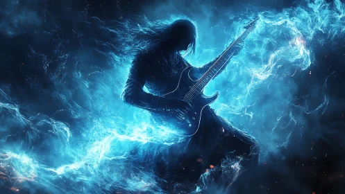 Electric blue spectral guitarist in luminous plasma storm