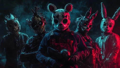 Masked horror squad in neon smoke and tactical gear.
