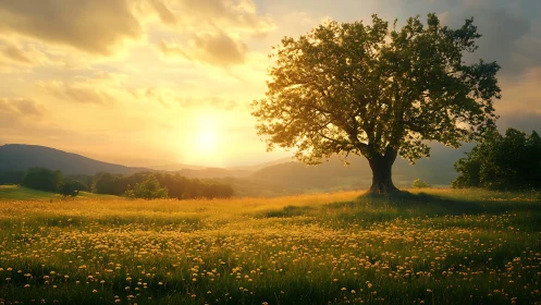 Lone meadow tree crowned by golden sunset over wild blooms.