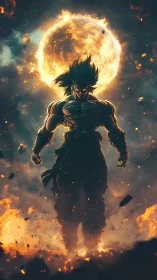 Fiery warrior ascends beneath a blazing cosmic sun