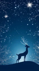 Silhouetted deer under stylized winter night sky scene.