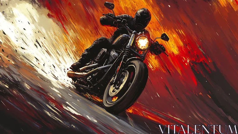 Sport motorcycle cornering through abstract firestroke background
