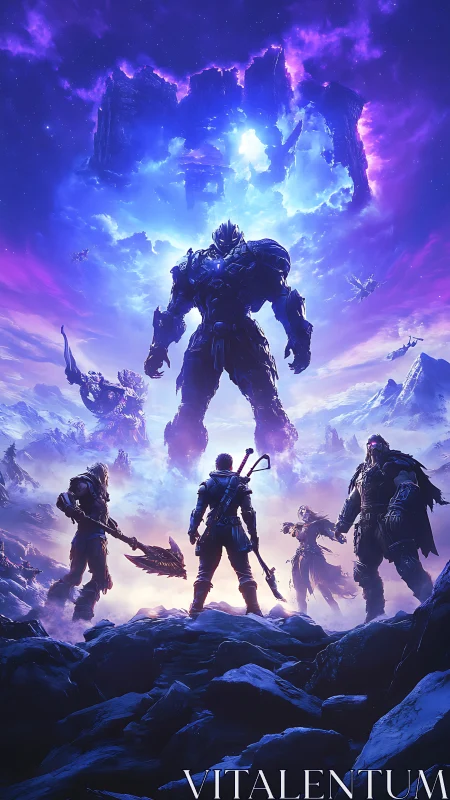 Epic fantasy warriors face colossal armored titan under rift sky.