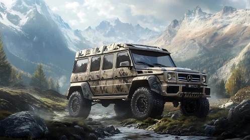 Camouflaged off-road SUV is positioned in a rocky alpine valley