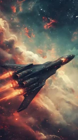 Starlit skyfighter climbing through glowing cosmic clouds.