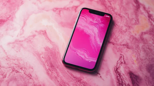 Modern Smartphone on Fluid Marble Texture Background. Digital Display