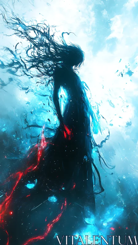 Elemental silhouette rises amid blue light and scarlet energy.