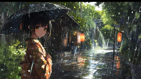 Raindrops compose quiet music as the kimono girl lingers