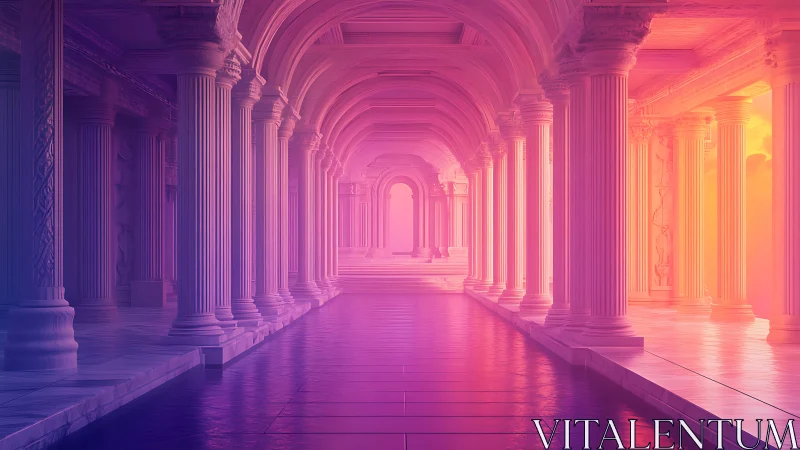 Neon Colonnade: Luminous Architectural Corridor with Gradient Color Progression