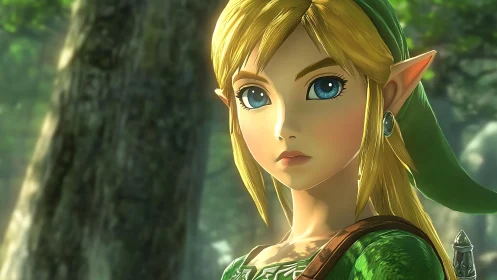 Elf warrior gazes ahead in a sunlit, enchanted forest