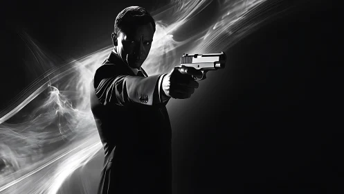 Shadowed gunman in monochrome suit amid swirling smoke.