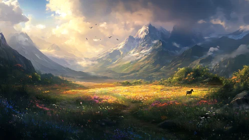 Sunlit mountain meadow opens into a tranquil, dreamlike valley