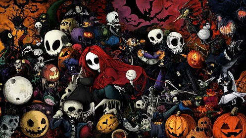Dense Halloween fantasy scene with skulls and pumpkins.