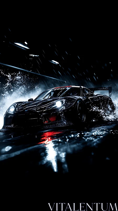 Nighttime GT race car rendered in high-contrast digital noir