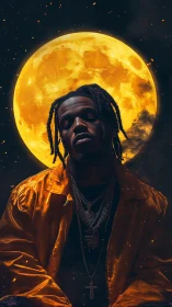 Portrait of man in gold jacket under large yellow moon.
