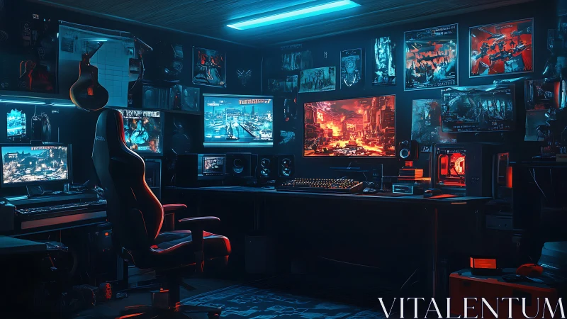 Cyberpunk dual-monitor battlestation with neon rim lighting.