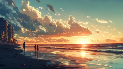 Family walking on reflective beach at vivid sunset.