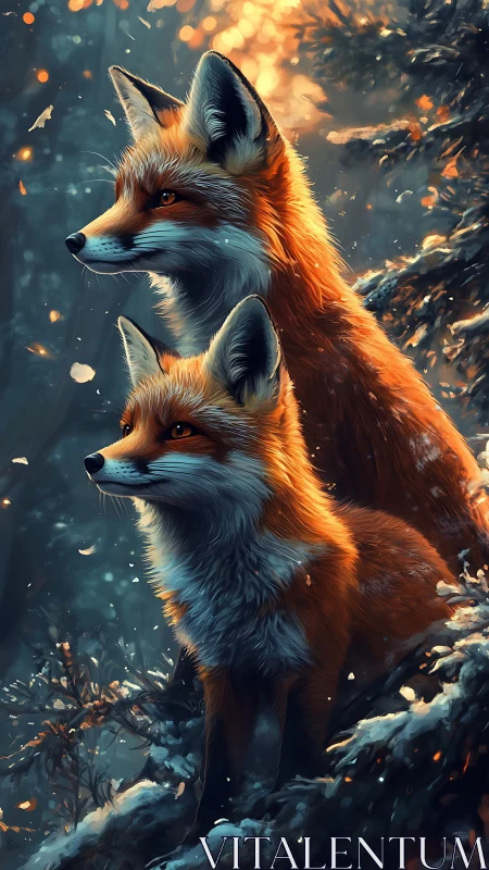 Two red foxes in snowy forest with warm backlight.