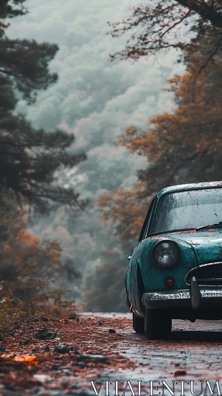 Weathered teal vintage car on wet forest roadside.
