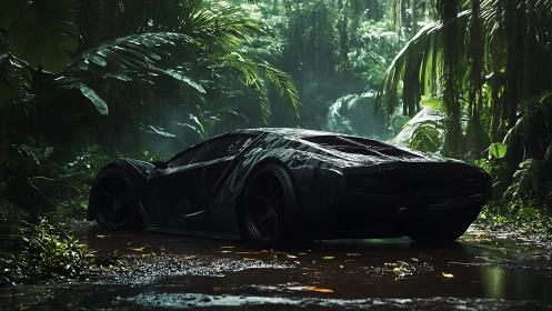Sleek black supercar parked on wet jungle track.