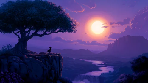 Silhouetted animal stands on cliff above valley at sunset