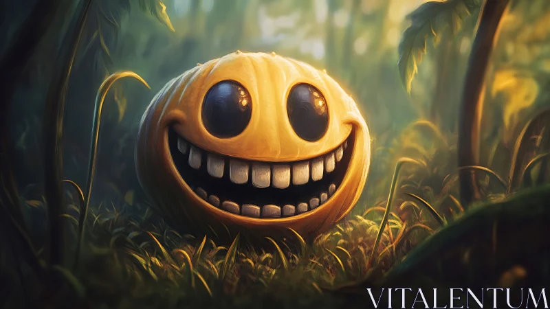 Smiling cartoon pumpkin head glowing in lush forest.