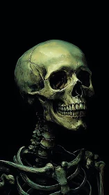 Luminous skeletal portrait glows against abyssal darkness.
