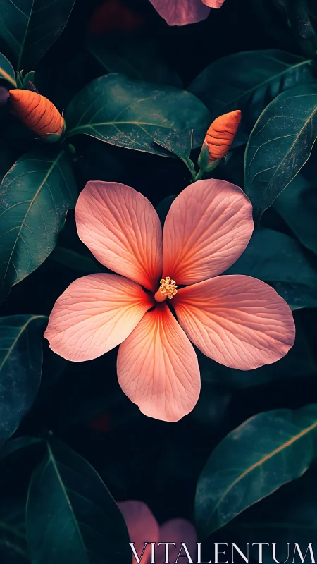 Coral Hibiscus Bloom Against Deep Teal Foliage.