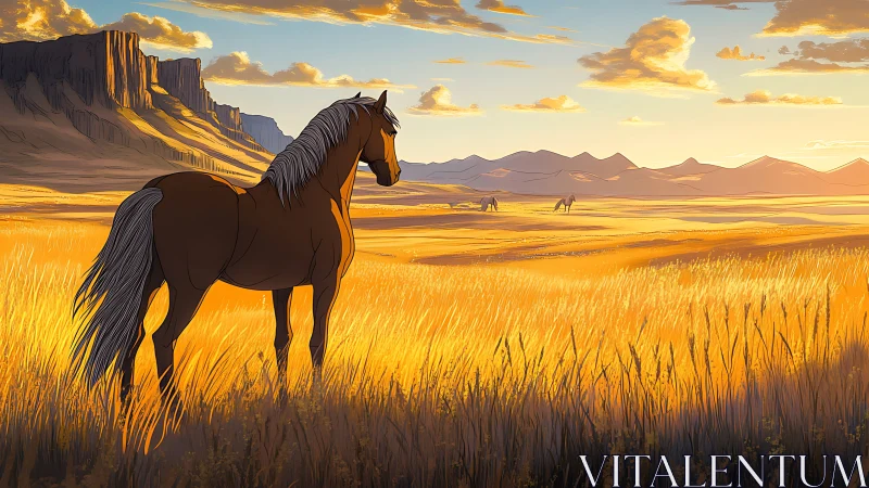 Digital painting of lone horse in cinematic prairie sunset.