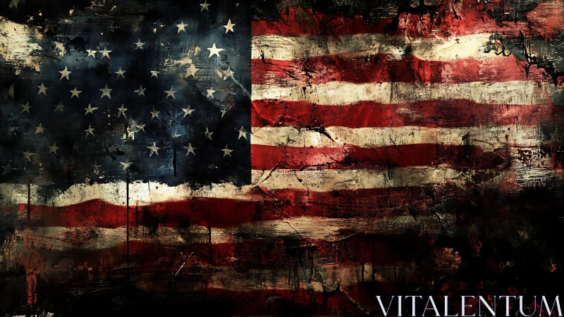 Weathered American flag drenched in dark abstract grunge.