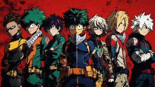 Anime heroes stand united before blood-red battle sky.