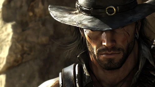 High-detail digital gunslinger portrait under harsh rim light.