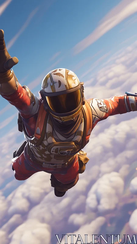 Skydiver in camouflaged suit descending above cloud layer.