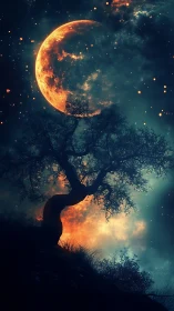 Midnight moonrise over a dreaming, firelit forest sky.