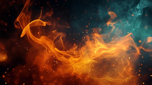Fiery Energy Flow with Teal Smoke Interaction.