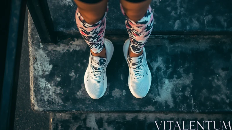 Top-down view isolates white running shoes on worn steps
