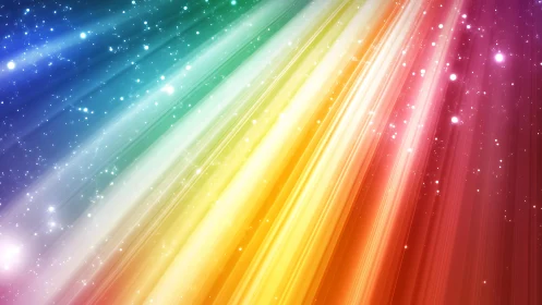 Radiant rainbow light beams with sparkling star effects, digital abstract.