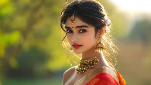 Sunlit saree muse in gilded jewelry and quiet reverie.