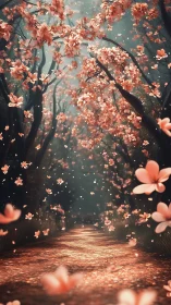 Blossom-lit forest path glows under drifting petals